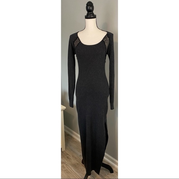 Rachel Roy Gray Lace Fall Winter Rabbit Hair Cotton Blend Slit Maxi Dress - Picture 1 of 8